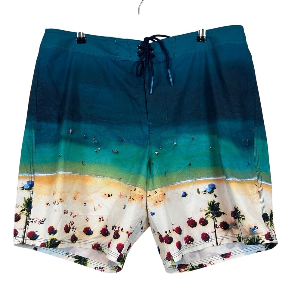 American Eagle Mens •L• Ocean Beach Scene Graphic Board Shorts‎ Swim Trunks Surf